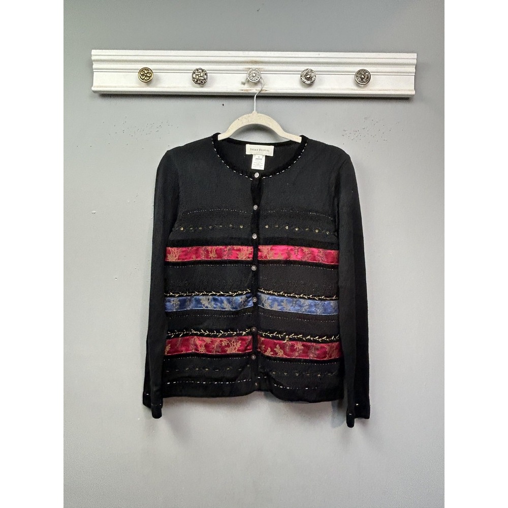 Susan Bristol Cardigan Womens M Black Red Blue Ribbon Hand Embroidered Beaded